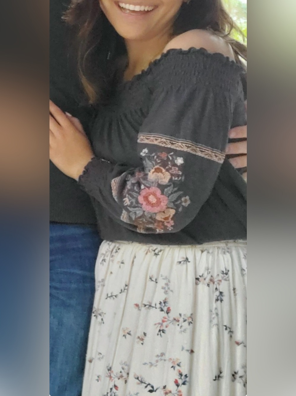 American Eagle Outfitters Off-Shoulder Blouse with Embroidered Sleeves